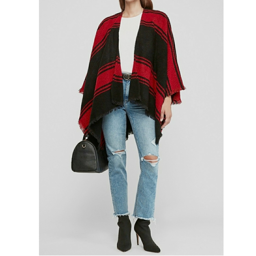 Express oversized blanket poncho wrap fringe trim black red striped NWT